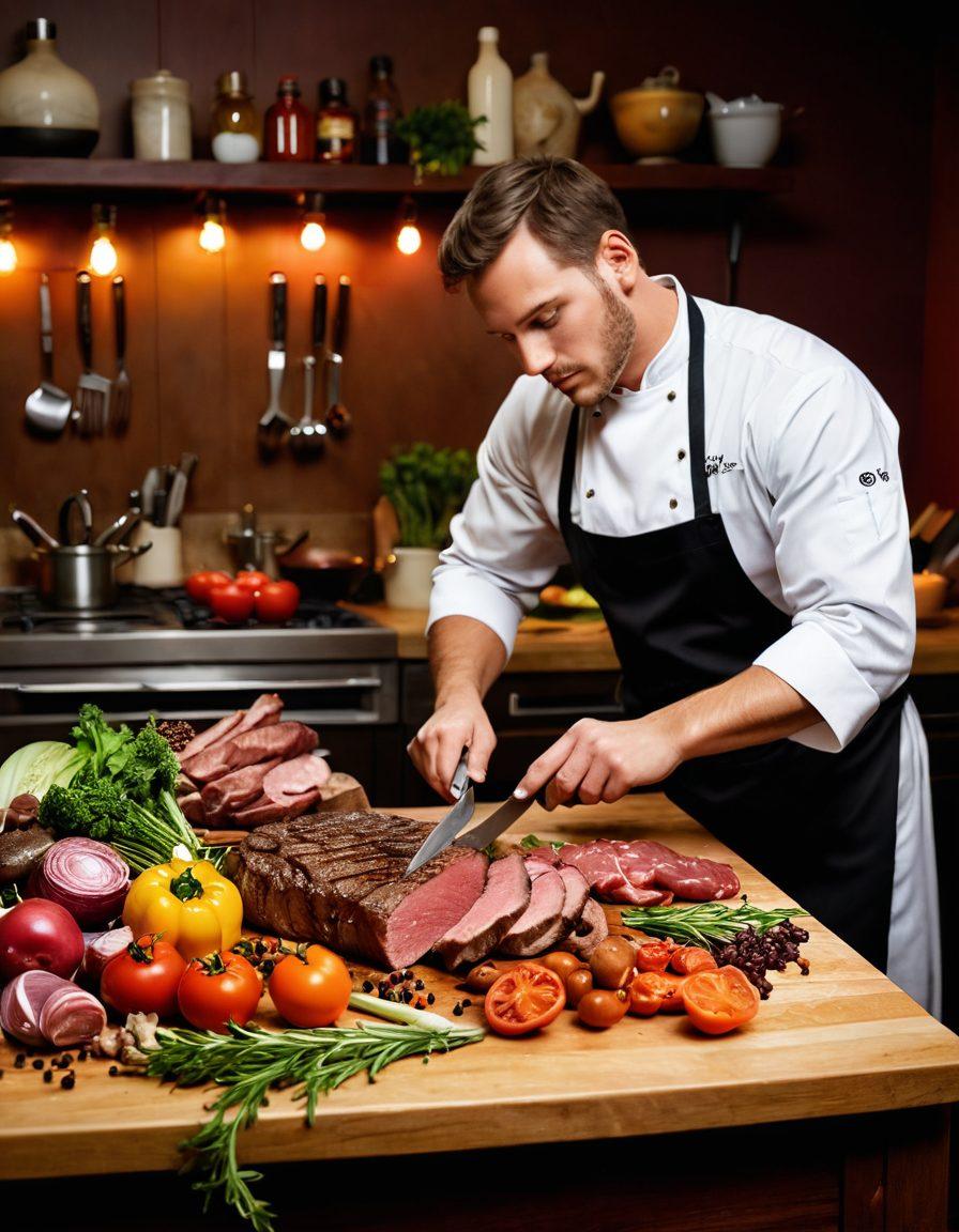 A beautifully arranged gourmet kitchen scene featuring a variety of high-quality meats, spices, and herbs, with a skilled chef using a knife to perfectly slice a juicy steak. The background showcases an array of elegant cooking tools and fresh ingredients, all illuminated by soft, warm lighting to create an inviting atmosphere. The presentation should evoke a sense of culinary artistry and mastery in meat preparation. super-realistic. vibrant colors. warm tones.