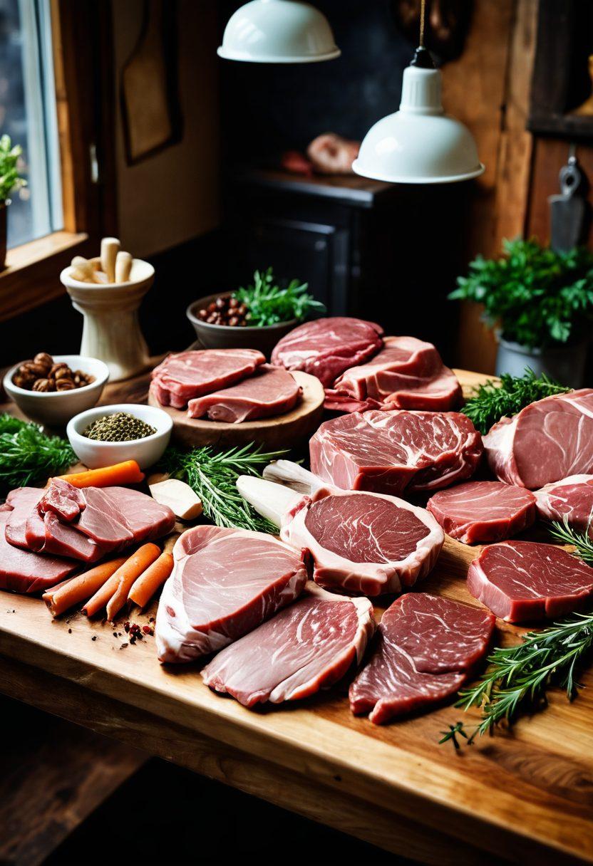A beautifully arranged butcher's table showcasing an array of meats with a skilled butcher in the background selecting cuts. Include a variety of fresh herbs, a couple of gleaming chef's knives, and an assortment of gourmet spices to enhance the scene. The focus should be on the craftsmanship of butchery, highlighting the textures and colors of the meats. Soft, warm lighting to create a cozy atmosphere. super-realistic. vibrant colors.