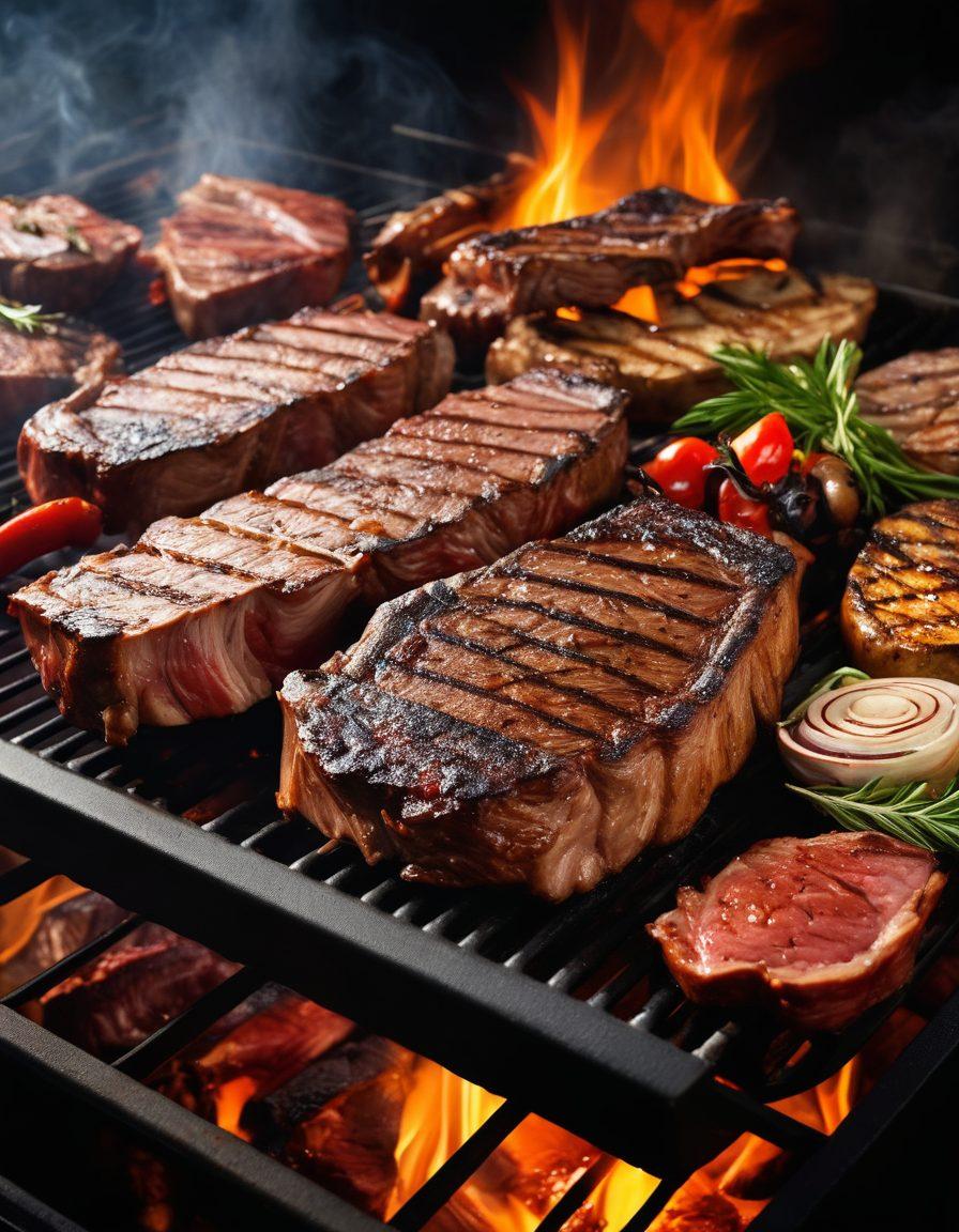A beautifully arranged display of various custom cuts of meat, including juicy steaks and flavorful ribs, sizzling on a hot grill with smoke rising, complemented by vibrant herbs and spices scattered around, showcasing grilling tools in the background. Emphasize the textures of the meat and the grill flames. super-realistic. vibrant colors. dramatic lighting.